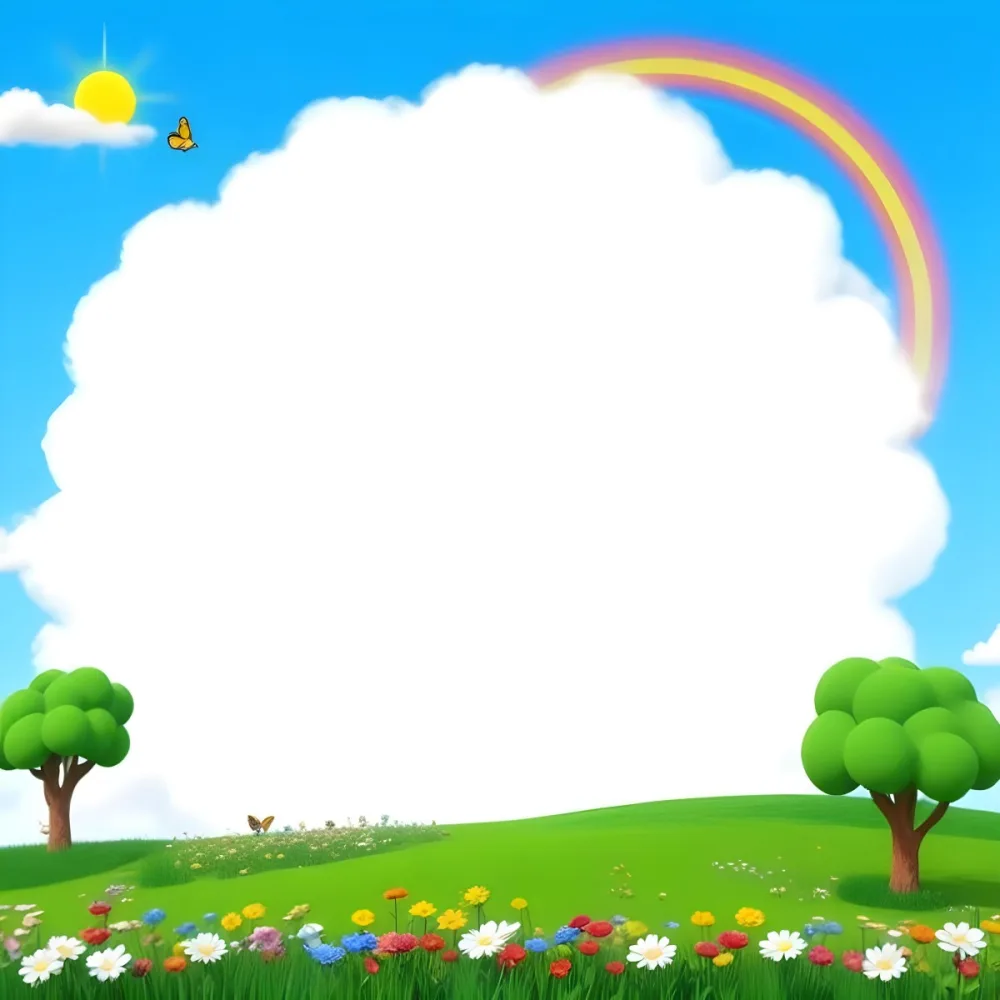 Digital Painting A White Cloud In A Blue Sky With A Rainbow A Yellow Sun And A White Cloud Green Grass With Flowers And Butterflies Bold And Slim Lines Brush Strokes 13 28b4