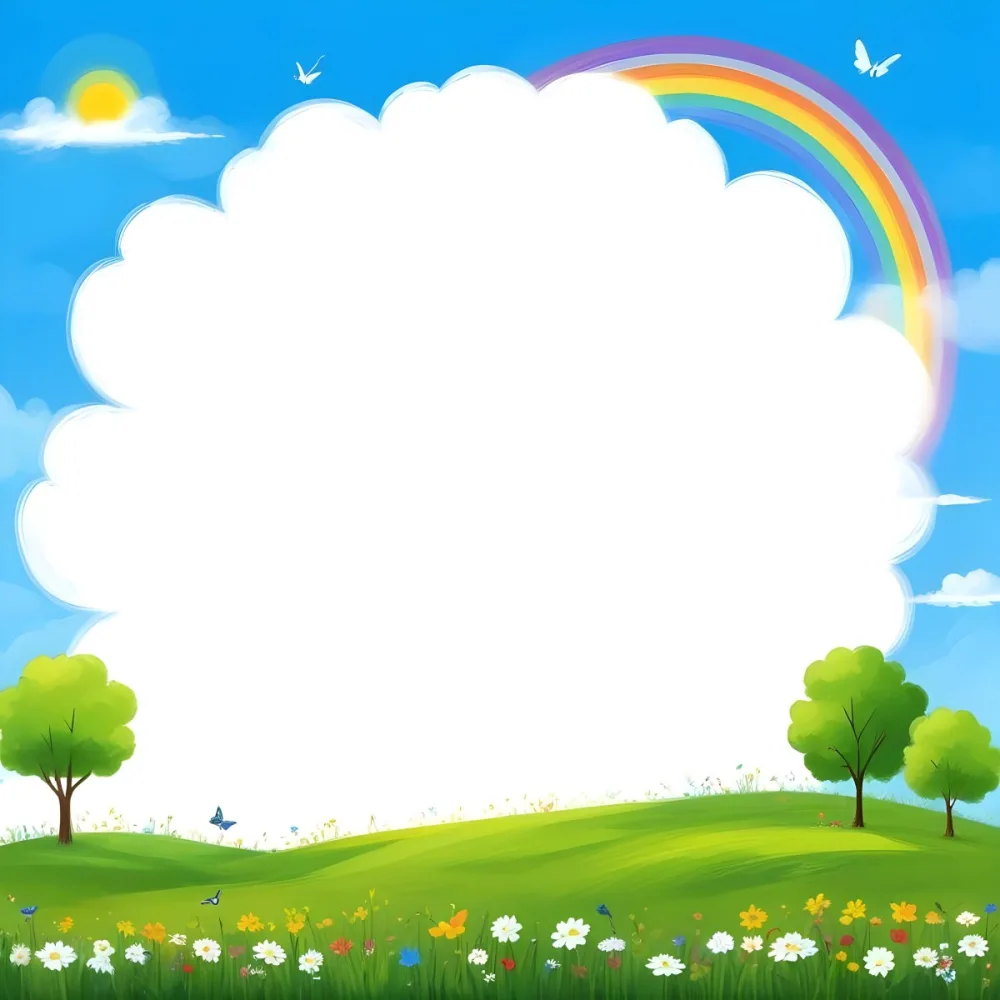Digital Painting A White Cloud In A Blue Sky With A Rainbow A Yellow Sun And A White Cloud Green Grass With Flowers And Butterflies Bold And Slim Lines Brush Strokes 16 7688