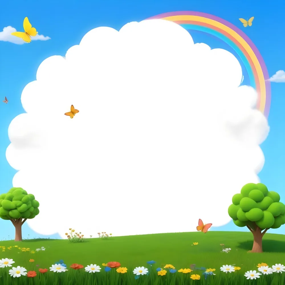 Digital Painting A White Cloud In A Blue Sky With A Rainbow A Yellow Sun And A White Cloud Green Grass With Flowers And Butterflies Bold And Slim Lines Brush Strokes 17 A4a8