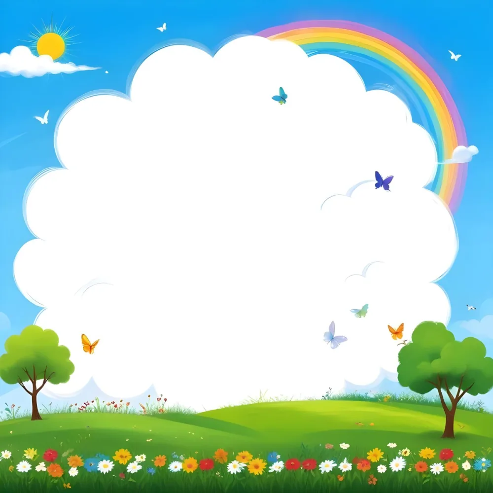 Digital Painting A White Cloud In A Blue Sky With A Rainbow A Yellow Sun And A White Cloud Green Grass With Flowers And Butterflies Bold And Slim Lines Brush Strokes 2 E5a9
