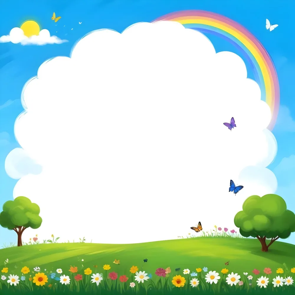 Digital Painting A White Cloud In A Blue Sky With A Rainbow A Yellow Sun And A White Cloud Green Grass With Flowers And Butterflies Bold And Slim Lines Brush Strokes 21 0b1b