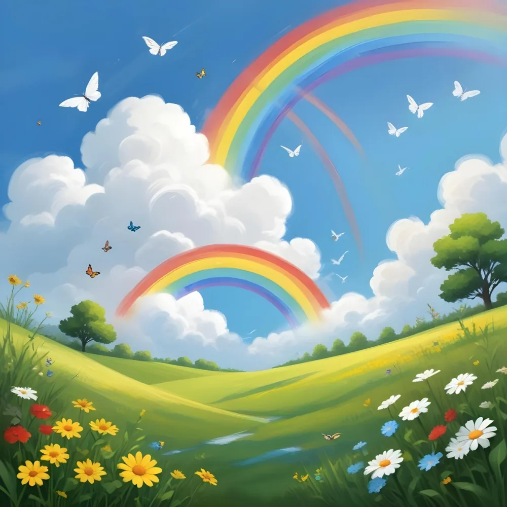 Digital Painting A White Cloud In A Blue Sky With A Rainbow A Yellow Sun And A White Cloud Green Grass With Flowers And Butterflies Bold And Slim Lines Brush Strokes 24 1a5b
