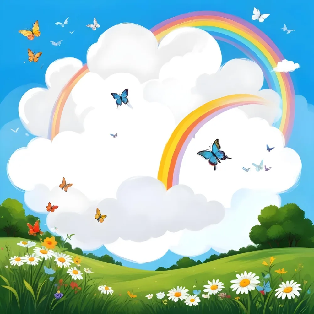 Digital Painting A White Cloud In A Blue Sky With A Rainbow A Yellow Sun And A White Cloud Green Grass With Flowers And Butterflies Bold And Slim Lines Brush Strokes 26 B802