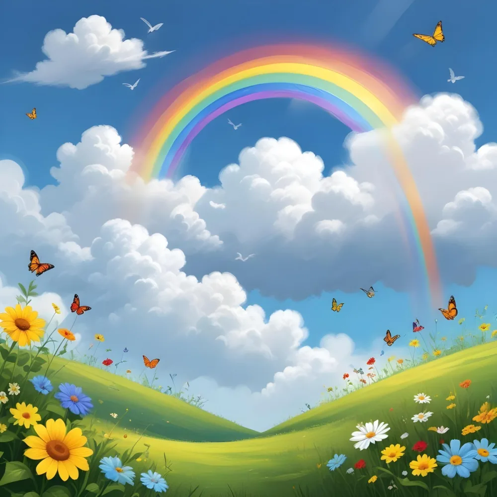 Digital Painting A White Cloud In A Blue Sky With A Rainbow A Yellow Sun And A White Cloud Green Grass With Flowers And Butterflies Bold And Slim Lines Brush Strokes 6 6944