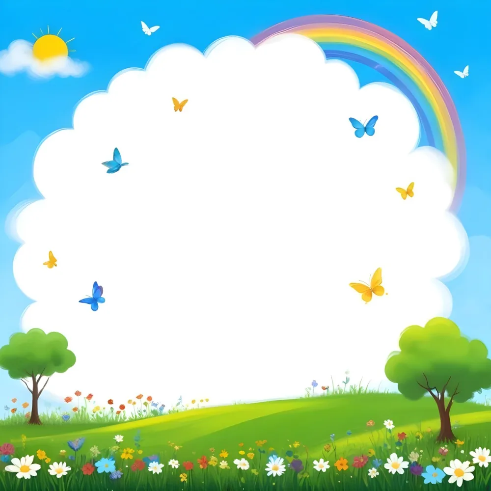 Digital Painting A White Cloud In A Blue Sky With A Rainbow A Yellow Sun And A White Cloud Green Grass With Flowers And Butterflies Bold And Slim Lines Brush Strokes 8 193e