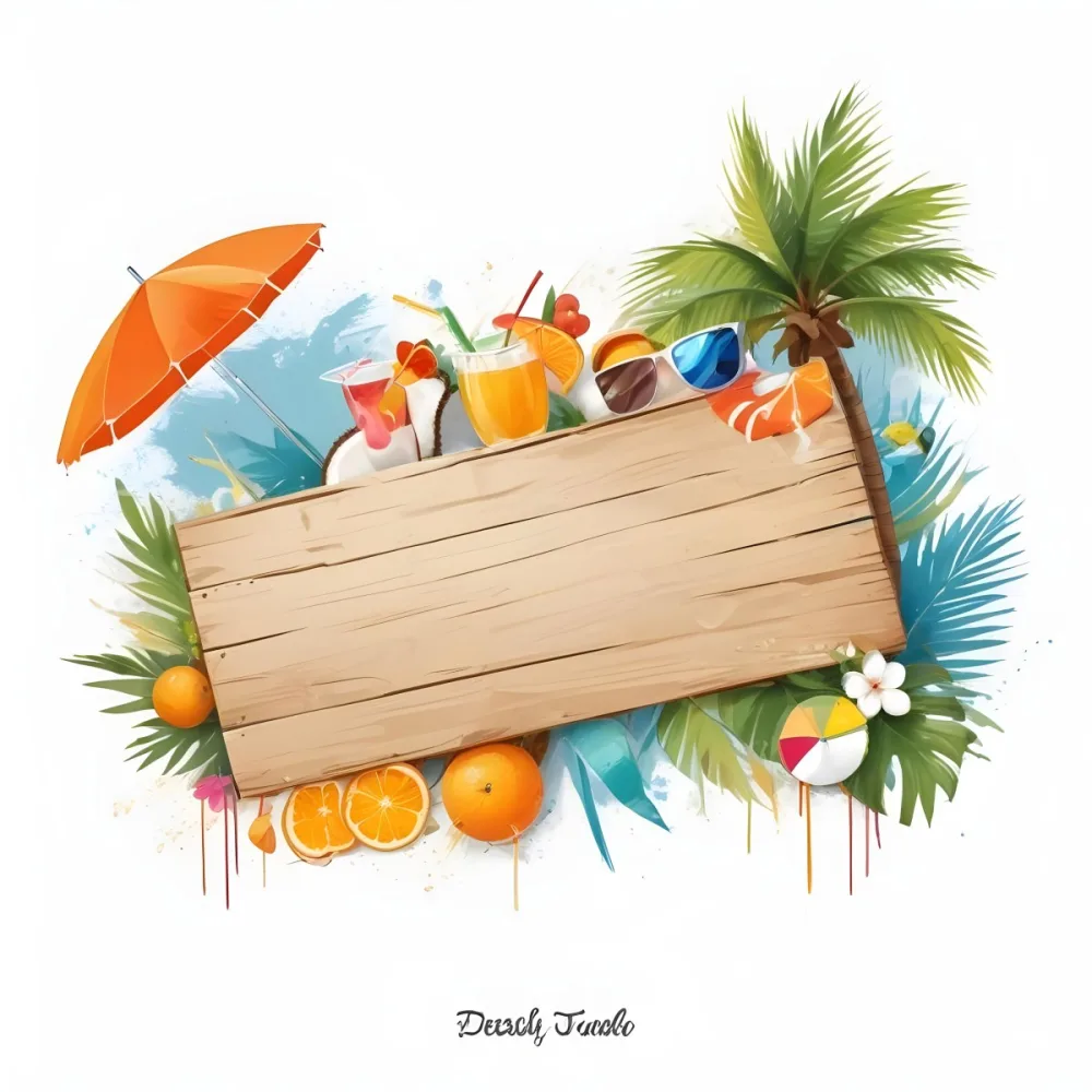 Digital Painting A Wooden Plank With A Beach Umbrella Cocktails A Coconut A Palm Tree Sunglasses A Surfboard A Beach Ball An Orange And Tropical Leaves Bold And Slim Lines Brush Strokes 12 Fa9b
