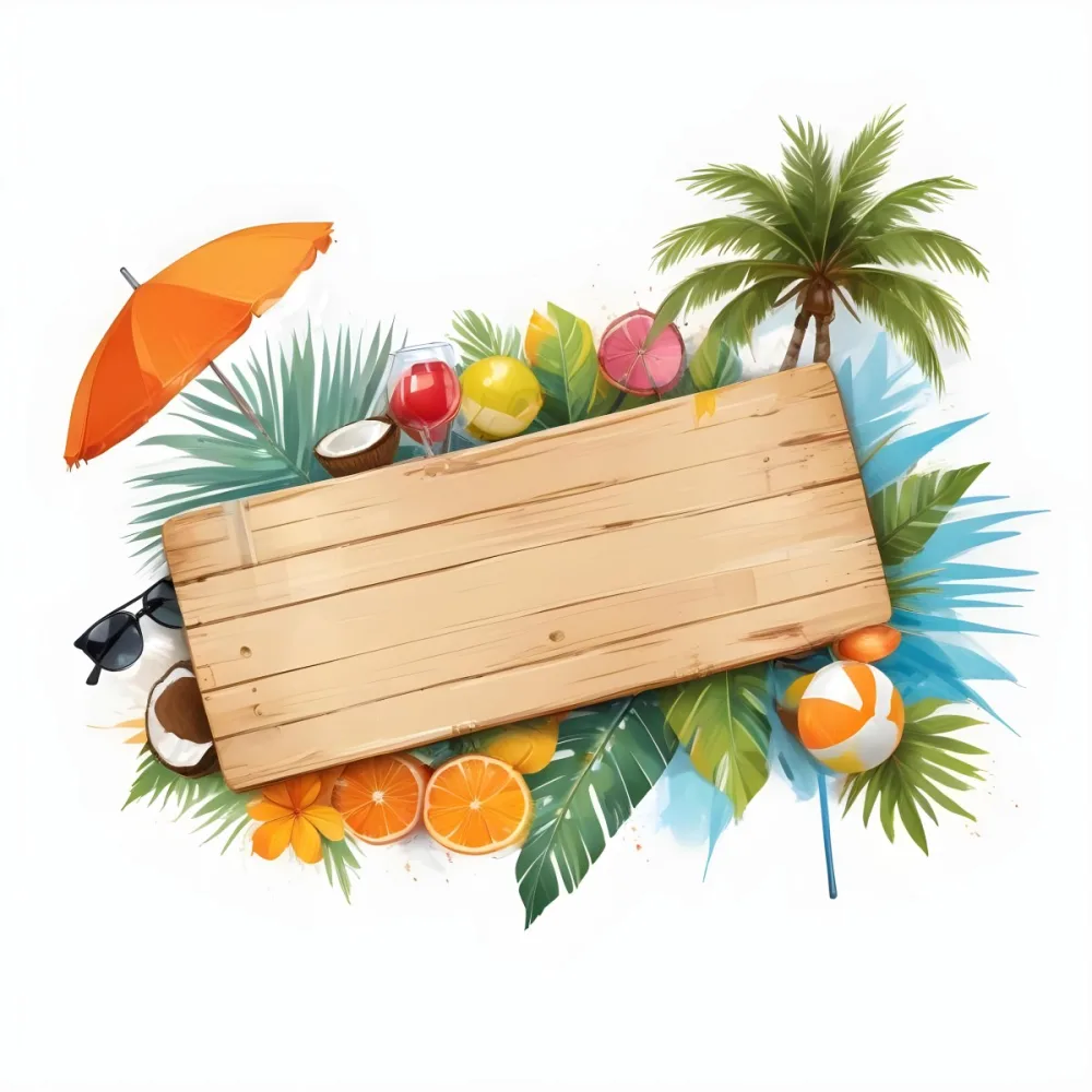 Digital Painting A Wooden Plank With A Beach Umbrella Cocktails A Coconut A Palm Tree Sunglasses A Surfboard A Beach Ball An Orange And Tropical Leaves Bold And Slim Lines Brush Strokes 15 5d14