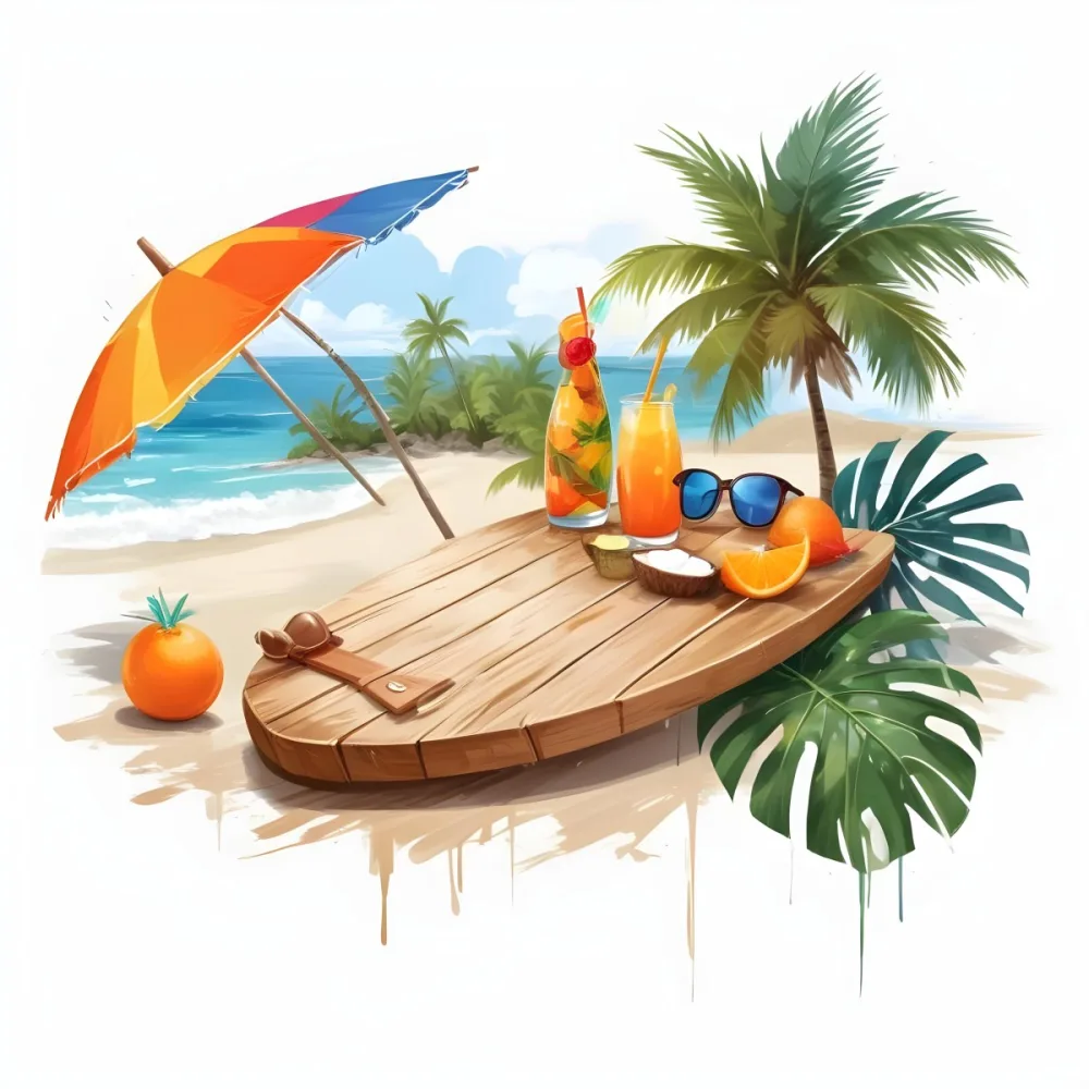 Digital Painting A Wooden Plank With A Beach Umbrella Cocktails A Coconut A Palm Tree Sunglasses A Surfboard A Beach Ball An Orange And Tropical Leaves Bold And Slim Lines Brush Strokes 16 7156