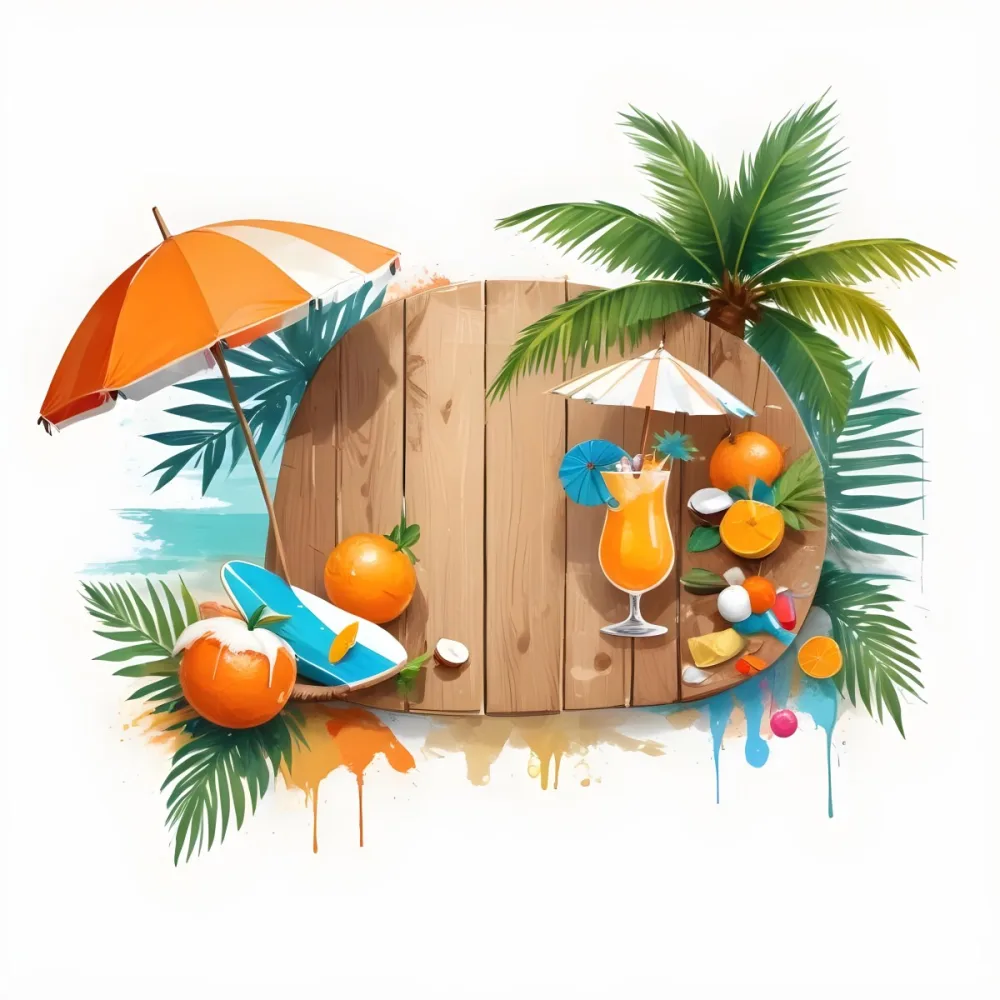 Digital Painting A Wooden Plank With A Beach Umbrella Cocktails A Coconut A Palm Tree Sunglasses A Surfboard A Beach Ball An Orange And Tropical Leaves Bold And Slim Lines Brush Strokes 17 Da57