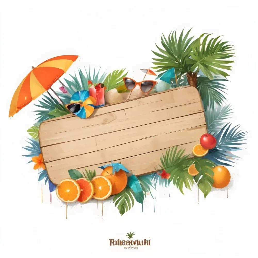 Digital Painting A Wooden Plank With A Beach Umbrella Cocktails A Coconut A Palm Tree Sunglasses A Surfboard A Beach Ball An Orange And Tropical Leaves Bold And Slim Lines Brush Strokes 18 9112