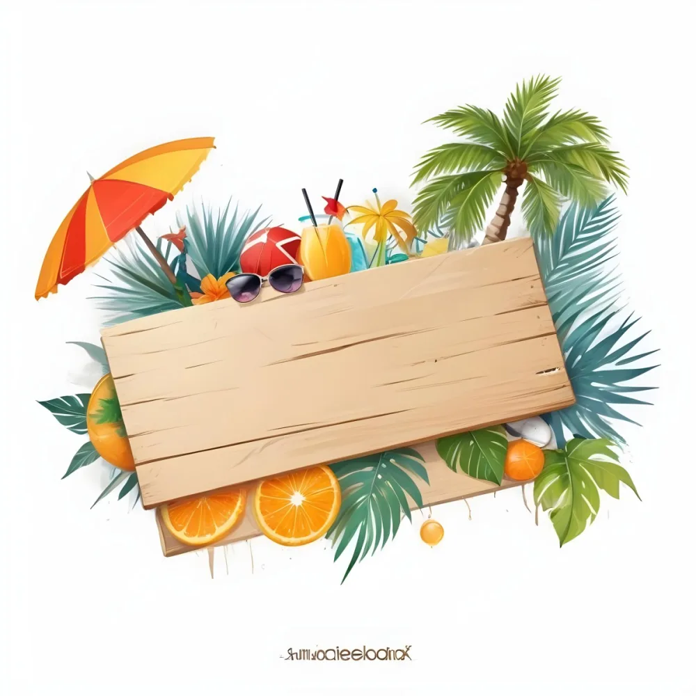 Digital Painting A Wooden Plank With A Beach Umbrella Cocktails A Coconut A Palm Tree Sunglasses A Surfboard A Beach Ball An Orange And Tropical Leaves Bold And Slim Lines Brush Strokes 2 D39d