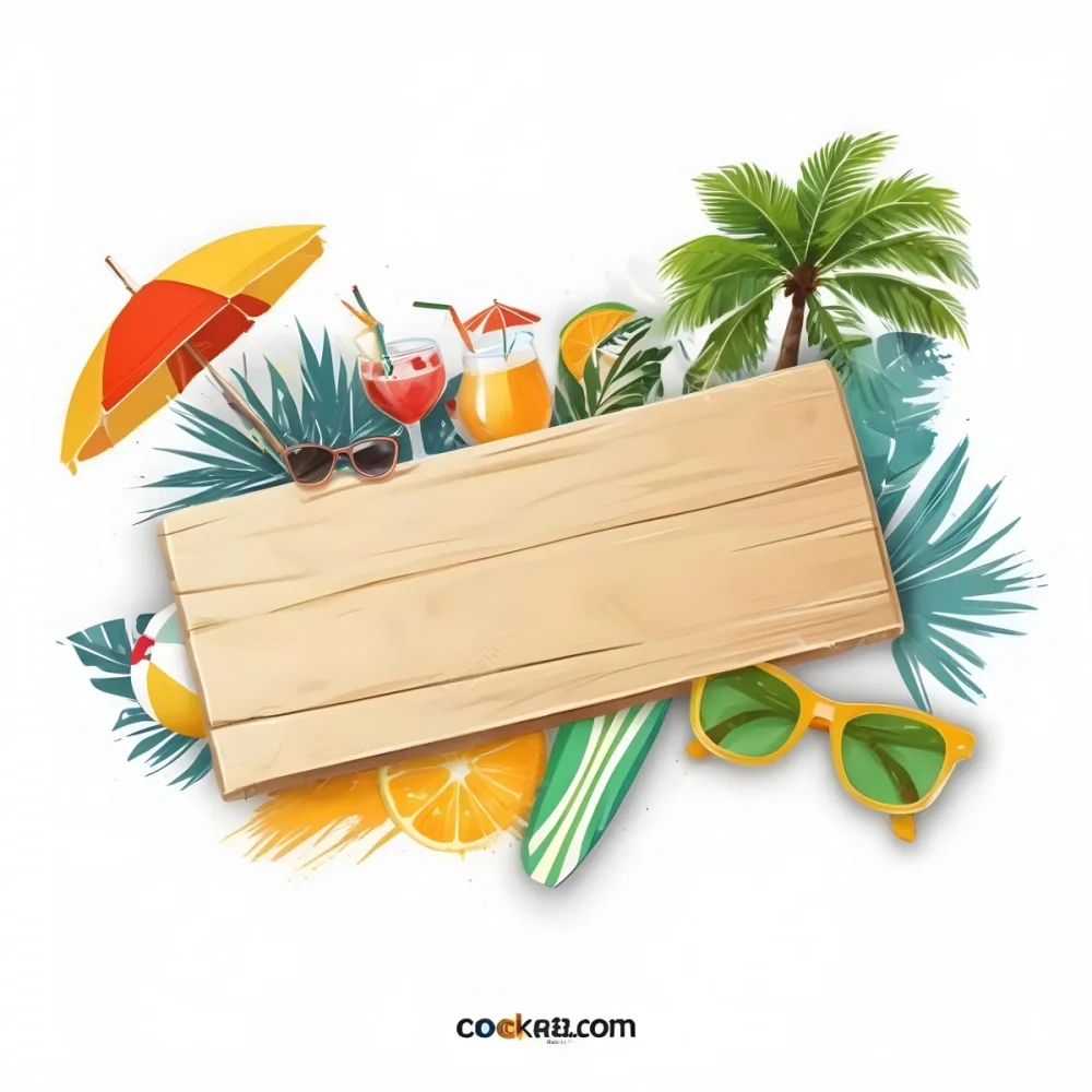 Digital Painting A Wooden Plank With A Beach Umbrella Cocktails A Coconut A Palm Tree Sunglasses A Surfboard A Beach Ball An Orange And Tropical Leaves Bold And Slim Lines Brush Strokes 3 Fdb5