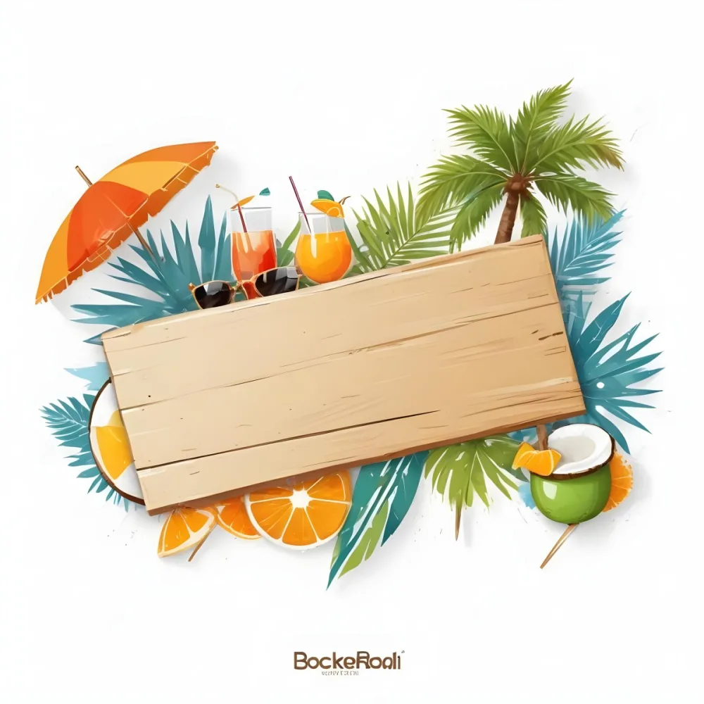 Digital Painting A Wooden Plank With A Beach Umbrella Cocktails A Coconut A Palm Tree Sunglasses A Surfboard A Beach Ball An Orange And Tropical Leaves Bold And Slim Lines Brush Strokes 5 Ba2c