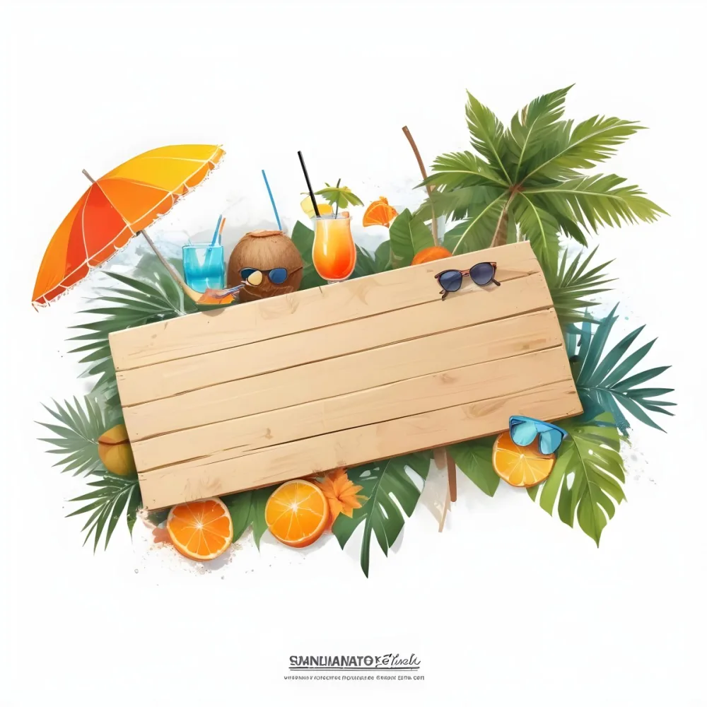Digital Painting A Wooden Plank With A Beach Umbrella Cocktails A Coconut A Palm Tree Sunglasses A Surfboard A Beach Ball An Orange And Tropical Leaves Bold And Slim Lines Brush Strokes 7 4289