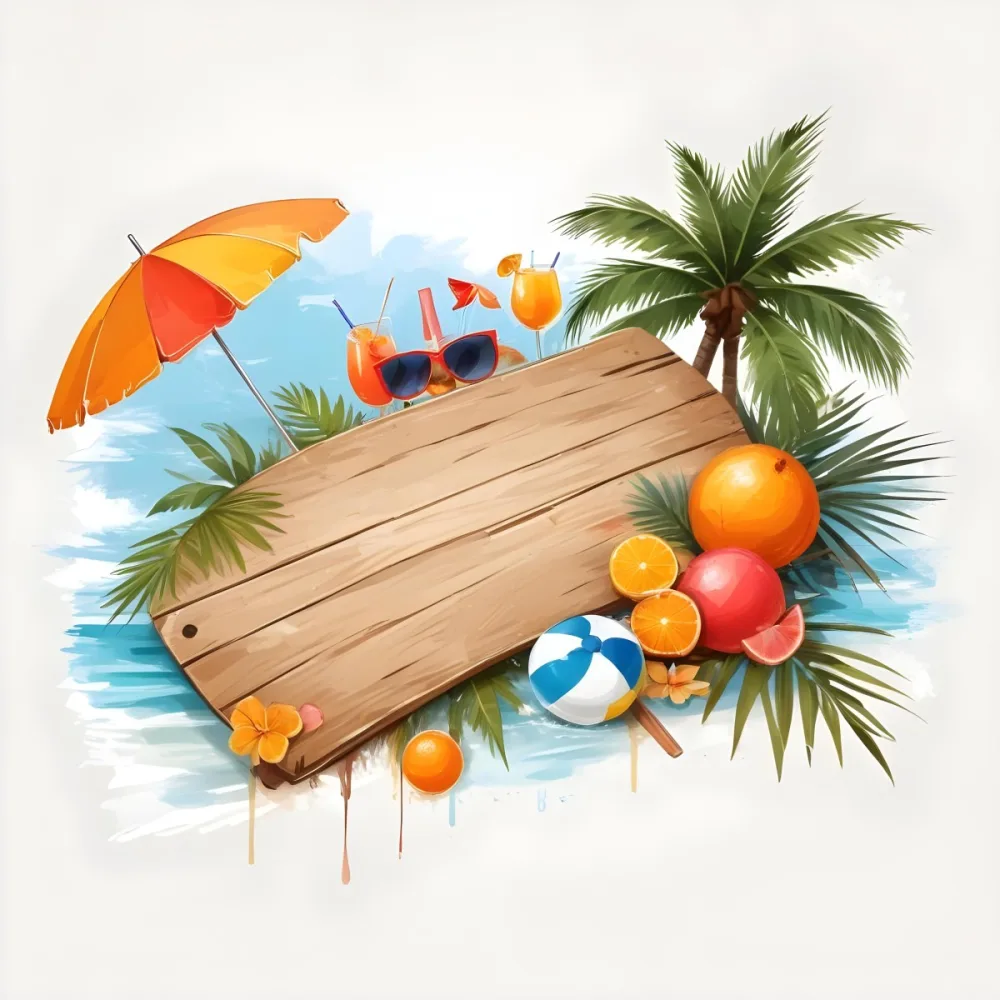 Digital Painting A Wooden Plank With A Beach Umbrella Cocktails A Coconut A Palm Tree Sunglasses A Surfboard A Beach Ball An Orange And Tropical Leaves Bold And Slim Lines Brush Strokes 8 36c8