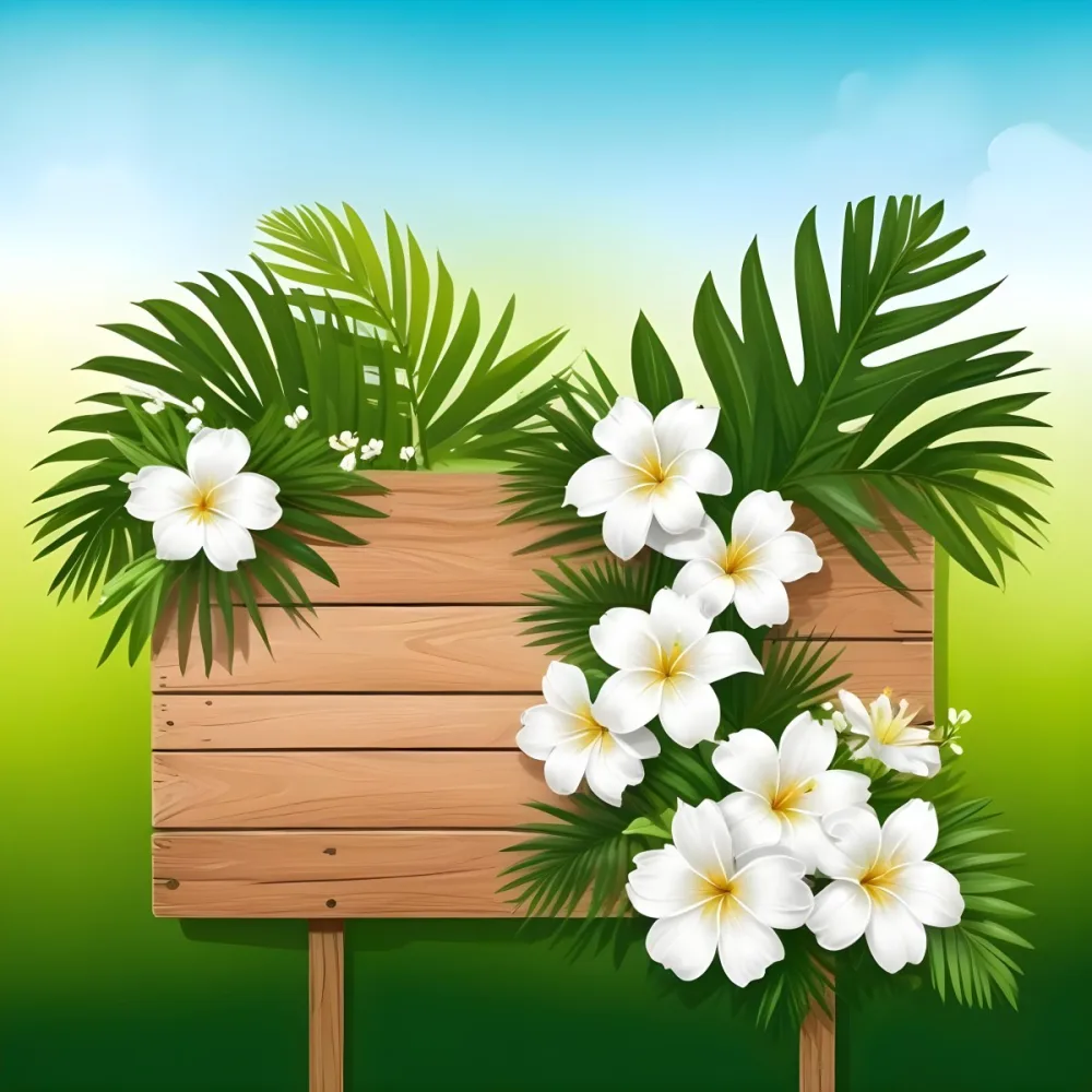 Digital Painting A Wooden Sign With Palm Leaves And White Flowers On A Green Background Sunny Day Bright Colors Tropical Theme Vector Illustration Bold And Slim Lines Brush Strokes 12 83a9