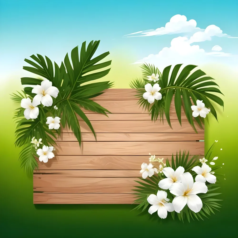 Digital Painting A Wooden Sign With Palm Leaves And White Flowers On A Green Background Sunny Day Bright Colors Tropical Theme Vector Illustration Bold And Slim Lines Brush Strokes 13 9258