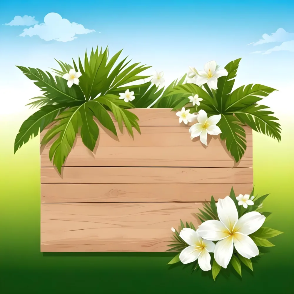 Digital Painting A Wooden Sign With Palm Leaves And White Flowers On A Green Background Sunny Day Bright Colors Tropical Theme Vector Illustration Bold And Slim Lines Brush Strokes 14 90ed
