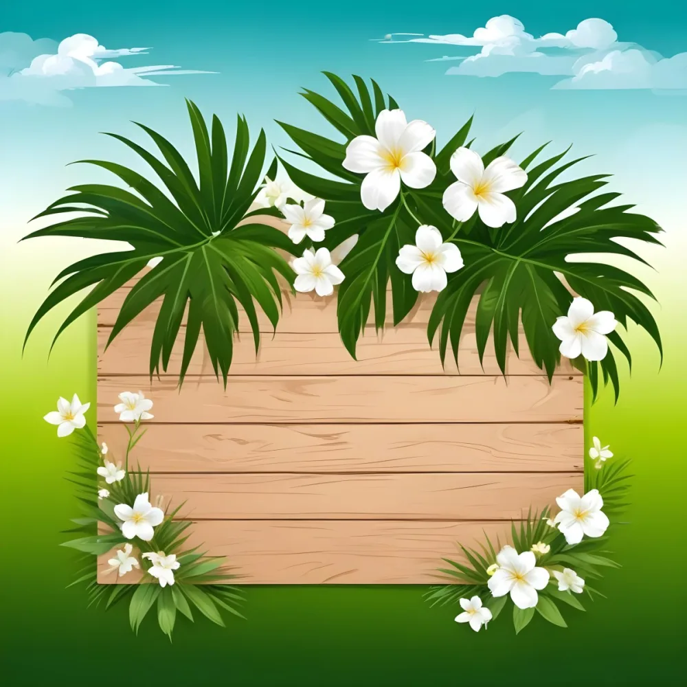 Digital Painting A Wooden Sign With Palm Leaves And White Flowers On A Green Background Sunny Day Bright Colors Tropical Theme Vector Illustration Bold And Slim Lines Brush Strokes 16 Fa00