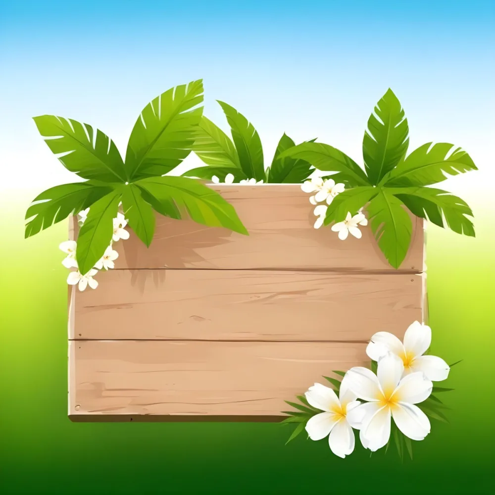 Digital Painting A Wooden Sign With Palm Leaves And White Flowers On A Green Background Sunny Day Bright Colors Tropical Theme Vector Illustration Bold And Slim Lines Brush Strokes 2 2d4e