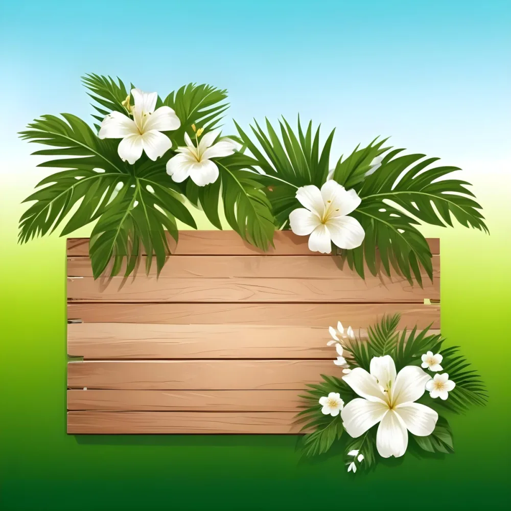 Digital Painting A Wooden Sign With Palm Leaves And White Flowers On A Green Background Sunny Day Bright Colors Tropical Theme Vector Illustration Bold And Slim Lines Brush Strokes 3 969f