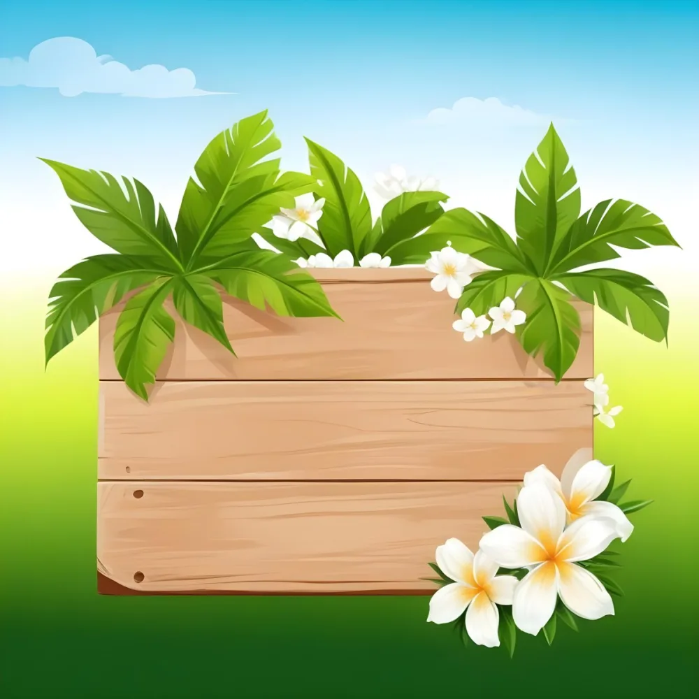 Digital Painting A Wooden Sign With Palm Leaves And White Flowers On A Green Background Sunny Day Bright Colors Tropical Theme Vector Illustration Bold And Slim Lines Brush Strokes 4 2b64