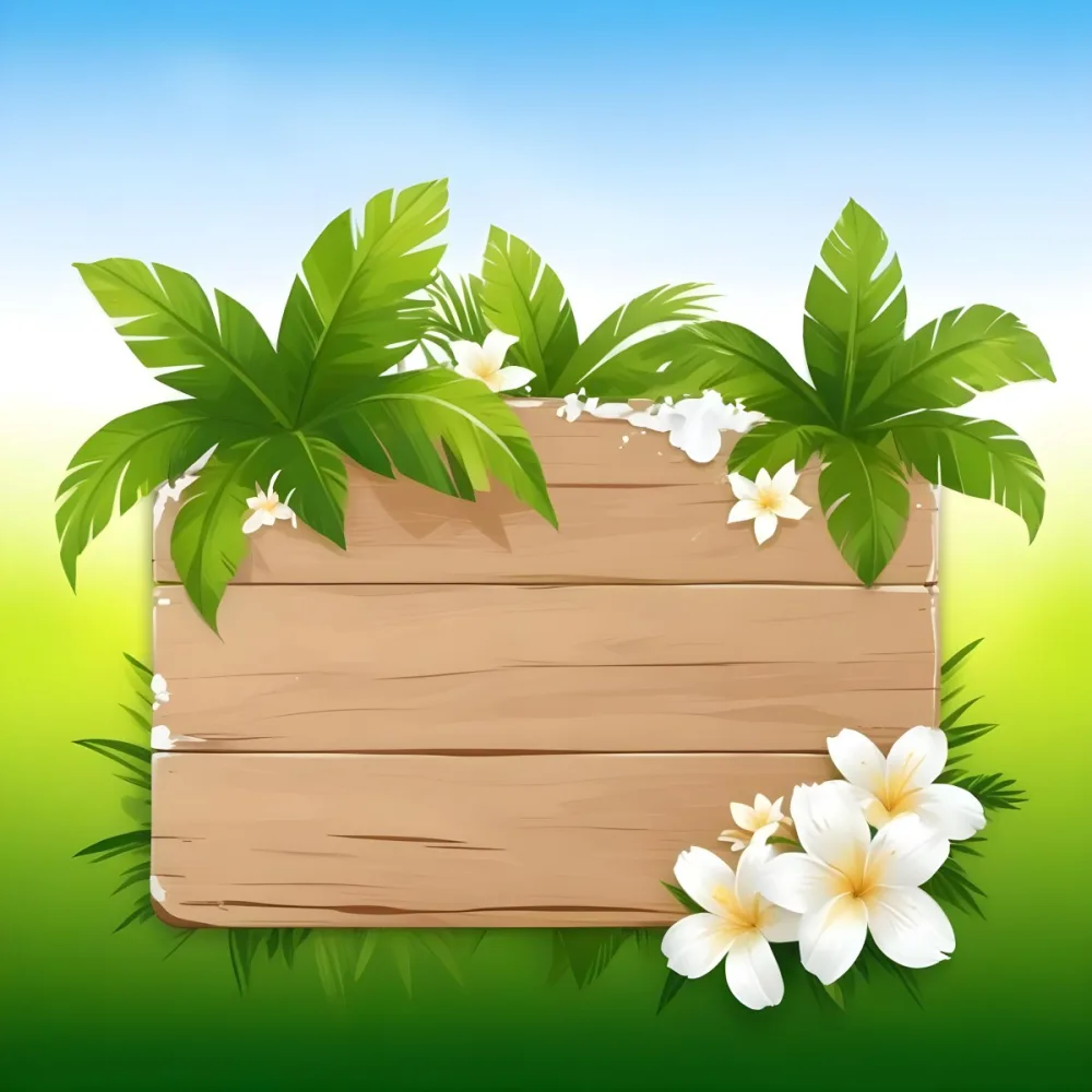 Digital Painting A Wooden Sign With Palm Leaves And White Flowers On A Green Background Sunny Day Bright Colors Tropical Theme Vector Illustration Bold And Slim Lines Brush Strokes 5 0e52