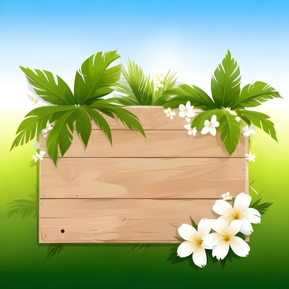 Digital Painting A Wooden Sign With Palm Leaves And White Flowers On A Green Background Sunny Day Bright Colors Tropical Theme Vector Illustration Bold And Slim Lines Brush Strokes 6 4e2f