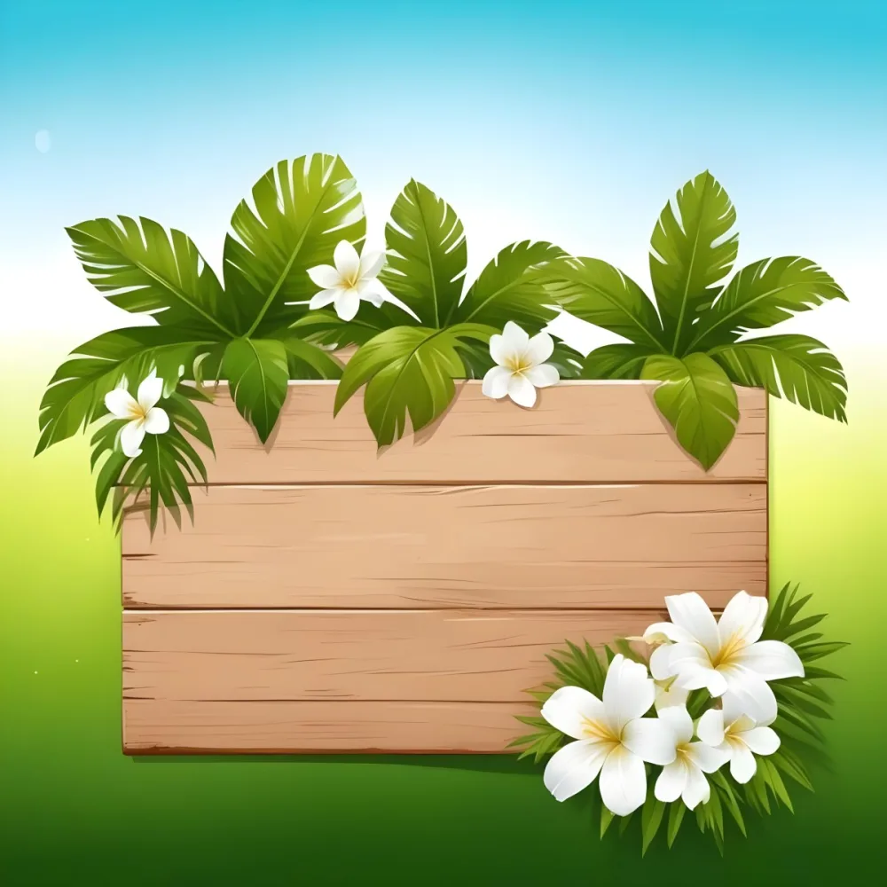 Digital Painting A Wooden Sign With Palm Leaves And White Flowers On A Green Background Sunny Day Bright Colors Tropical Theme Vector Illustration Bold And Slim Lines Brush Strokes 7 A92e