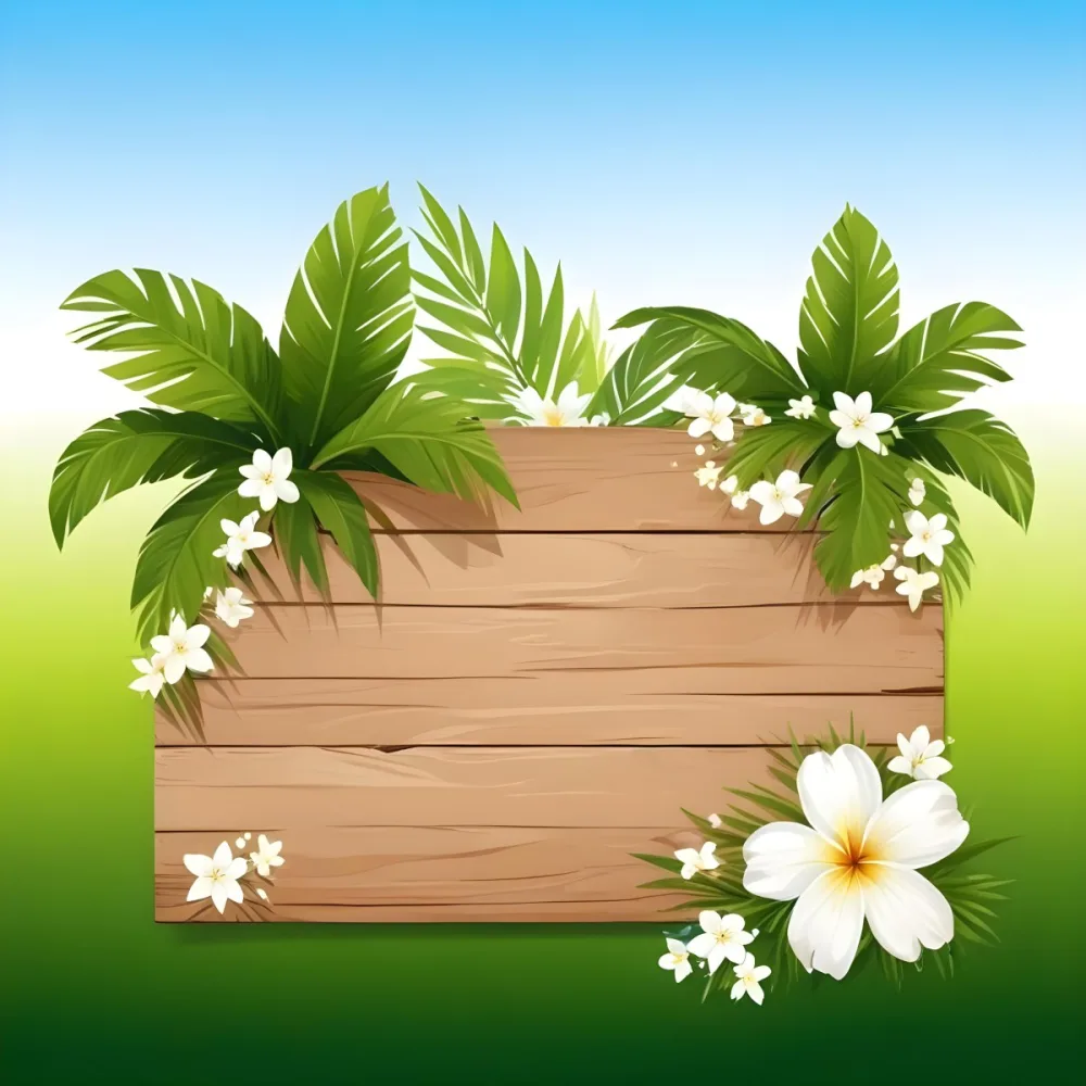 Digital Painting A Wooden Sign With Palm Leaves And White Flowers On A Green Background Sunny Day Bright Colors Tropical Theme Vector Illustration Bold And Slim Lines Brush Strokes 8 275c