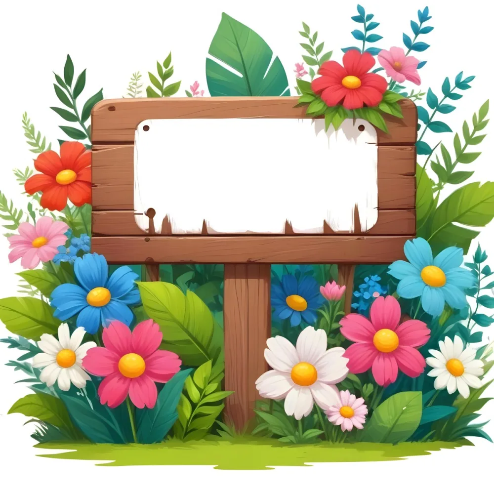 Digital Painting A Wooden Signpost With A Blank Green Area For Text Surrounded By Vibrant Flowers In Various Colors Including Pink Blue And White Alongside Lush Green Leaves And Plants The Background Is Filled W 5 Bac4