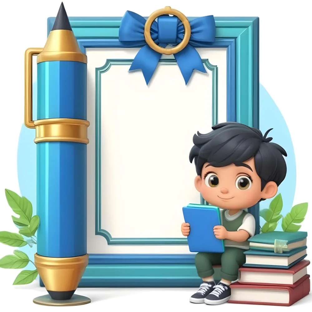 Digital Painting A Young Boy With Short Black Hair And A Light Skin Tone Is Sitting Beside A Stack Of Books Holding A Green Tablet He Is Wearing A Black Shirt And Green Pants Next To Him Is A Large Green Pen And A De 20 F40c