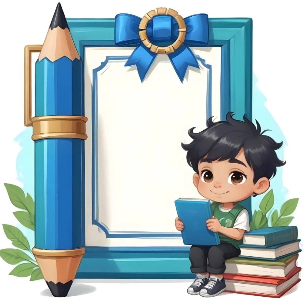 Digital Painting A Young Boy With Short Black Hair And A Light Skin Tone Is Sitting Beside A Stack Of Books Holding A Green Tablet He Is Wearing A Black Shirt And Green Pants Next To Him Is A Large Green Pen And A De 22 2aa0