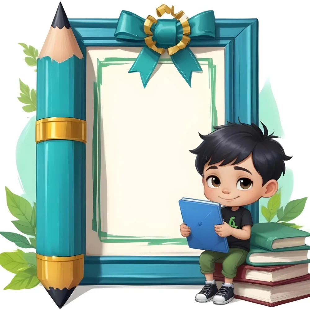 Digital Painting A Young Boy With Short Black Hair And A Light Skin Tone Is Sitting Beside A Stack Of Books Holding A Green Tablet He Is Wearing A Black Shirt And Green Pants Next To Him Is A Large Green Pen And A De 23 Af33