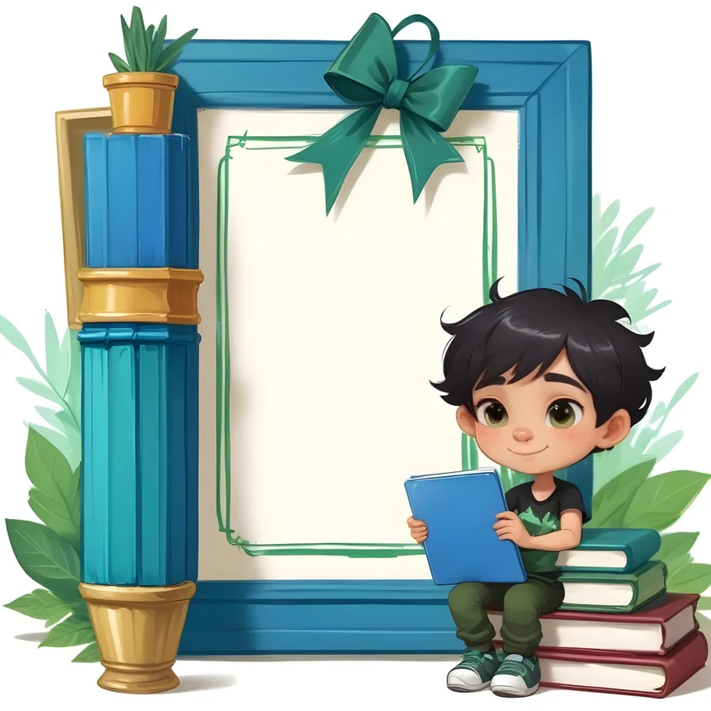 Digital Painting A Young Boy With Short Black Hair And A Light Skin Tone Is Sitting Beside A Stack Of Books Holding A Green Tablet He Is Wearing A Black Shirt And Green Pants Next To Him Is A Large Green Pen And A De 24 908f