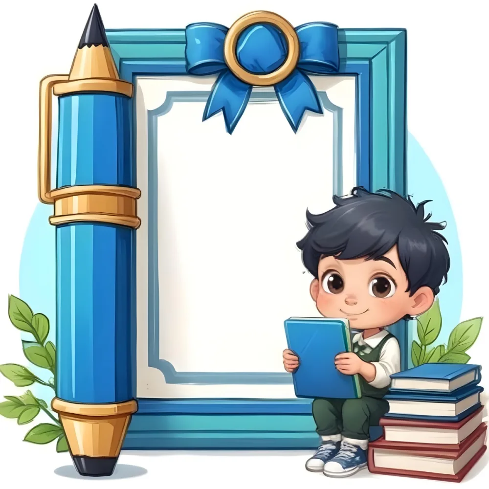 Digital Painting A Young Boy With Short Black Hair And A Light Skin Tone Is Sitting Beside A Stack Of Books Holding A Green Tablet He Is Wearing A Black Shirt And Green Pants Next To Him Is A Large Green Pen And A De 25 2f71