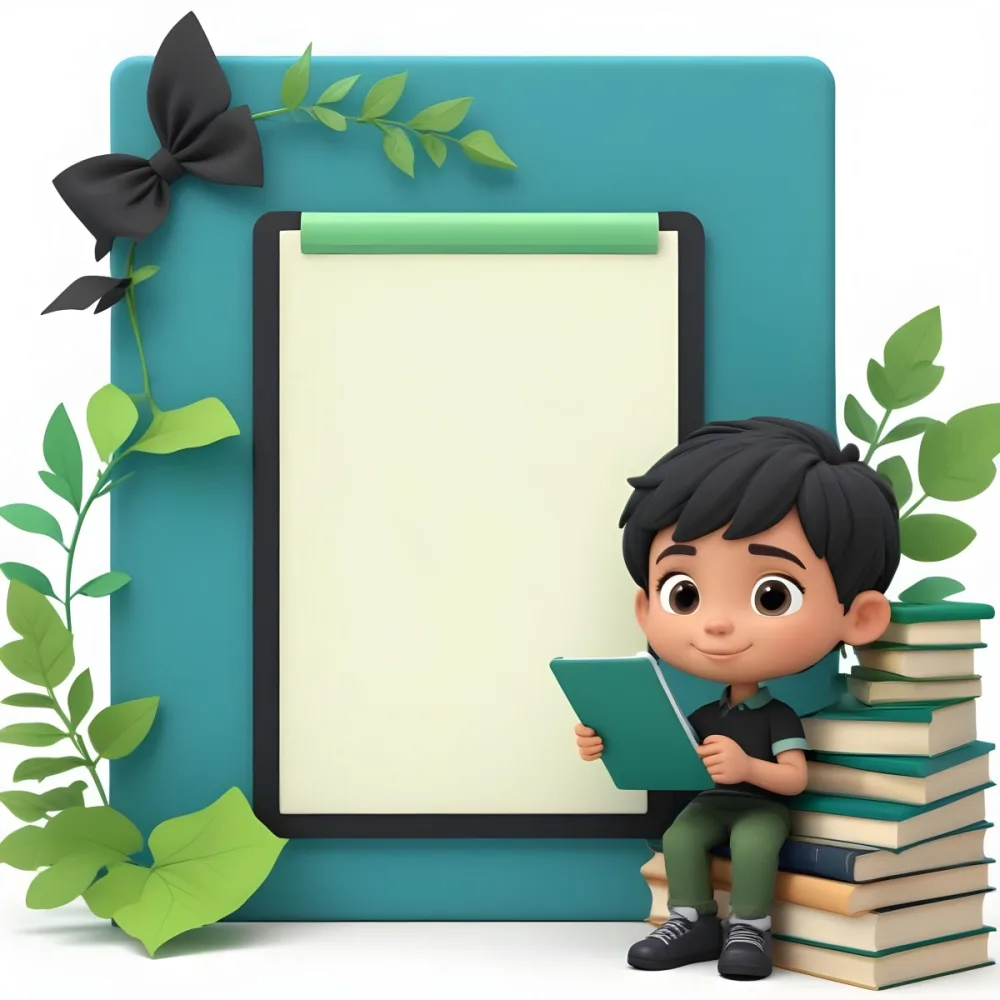 Digital Painting A Young Boy With Short Black Hair And A Light Skin Tone Is Sitting Beside A Stack Of Books Holding A Green Tablet He Is Wearing A Black Shirt And Green Pants Next To Him Is A Large Green Pen And A De 3 6461
