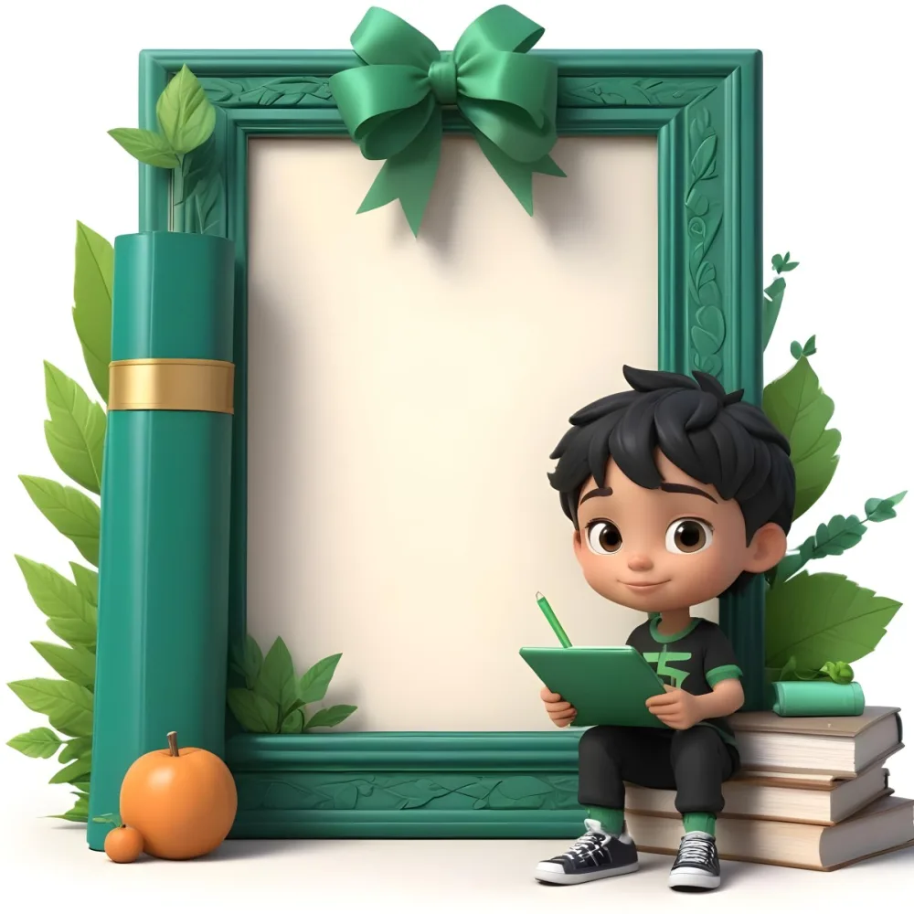 Digital Painting A Young Boy With Short Black Hair And A Light Skin Tone Is Sitting Beside A Stack Of Books Holding A Green Tablet He Is Wearing A Black Shirt And Green Pants Next To Him Is A Large Green Pen And A De 8 8006