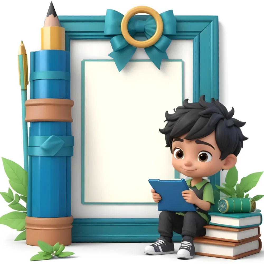 Digital Painting A Young Boy With Short Black Hair And A Light Skin Tone Is Sitting Beside A Stack Of Books Holding A Green Tablet He Is Wearing A Black Shirt And Green Pants Next To Him Is A Large Green Pen And A De 9 553e
