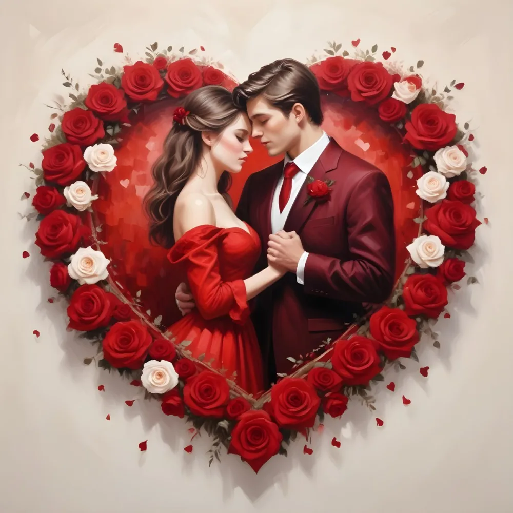 Digital Painting A Young Caucasian Couple In Formal Red Attire Embracing Each Other In A Heart Shaped Frame Surrounded By Roses And Hearts Bold And Slim Lines Brush Strokes 3 5074