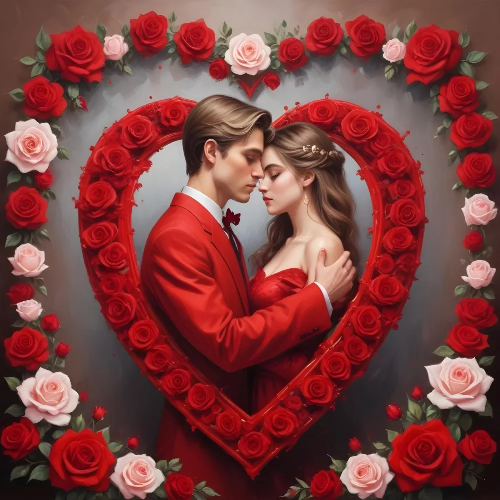 Digital Painting A Young Caucasian Couple In Formal Red Attire Embracing Each Other In A Heart Shaped Frame Surrounded By Roses And Hearts Bold And Slim Lines Brush Strokes 4 Db1e