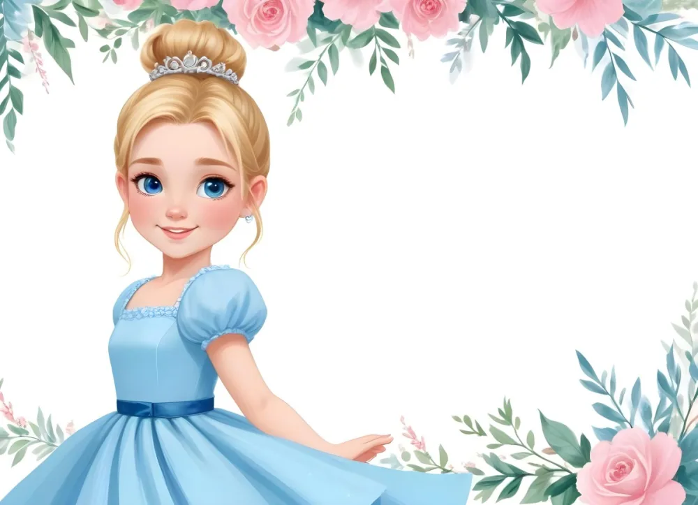 Digital Painting A Young Girl With Fair Skin And Blonde Hair Styled In A Bun Wearing A Light Blue Dress And A Tiara She Has Large Blue Eyes And Is Smiling Positioned To The Left Of A White Space Framed With A Flora 14 Fb01