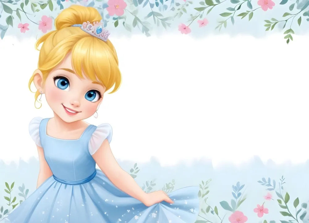 Digital Painting A Young Girl With Fair Skin And Blonde Hair Styled In A Bun Wearing A Light Blue Dress And A Tiara She Has Large Blue Eyes And Is Smiling Positioned To The Left Of A White Space Framed With A Flora 15 08f1