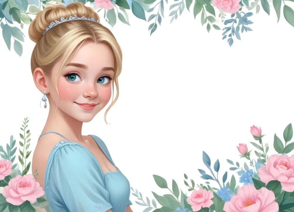 Digital Painting A Young Girl With Fair Skin And Blonde Hair Styled In A Bun Wearing A Light Blue Dress And A Tiara She Has Large Blue Eyes And Is Smiling Positioned To The Left Of A White Space Framed With A Flora 16 E5fa