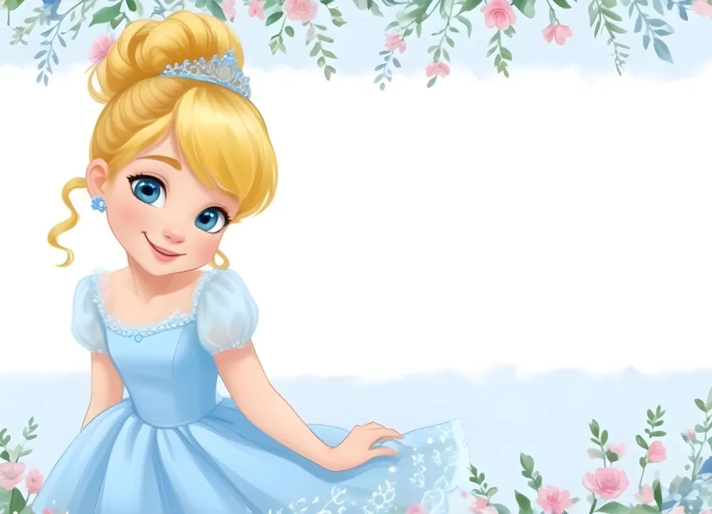 Digital Painting A Young Girl With Fair Skin And Blonde Hair Styled In A Bun Wearing A Light Blue Dress And A Tiara She Has Large Blue Eyes And Is Smiling Positioned To The Left Of A White Space Framed With A Flora 17 Bd3c