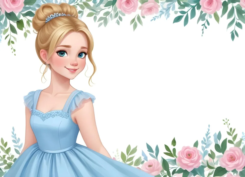 Digital Painting A Young Girl With Fair Skin And Blonde Hair Styled In A Bun Wearing A Light Blue Dress And A Tiara She Has Large Blue Eyes And Is Smiling Positioned To The Left Of A White Space Framed With A Flora 18 F864