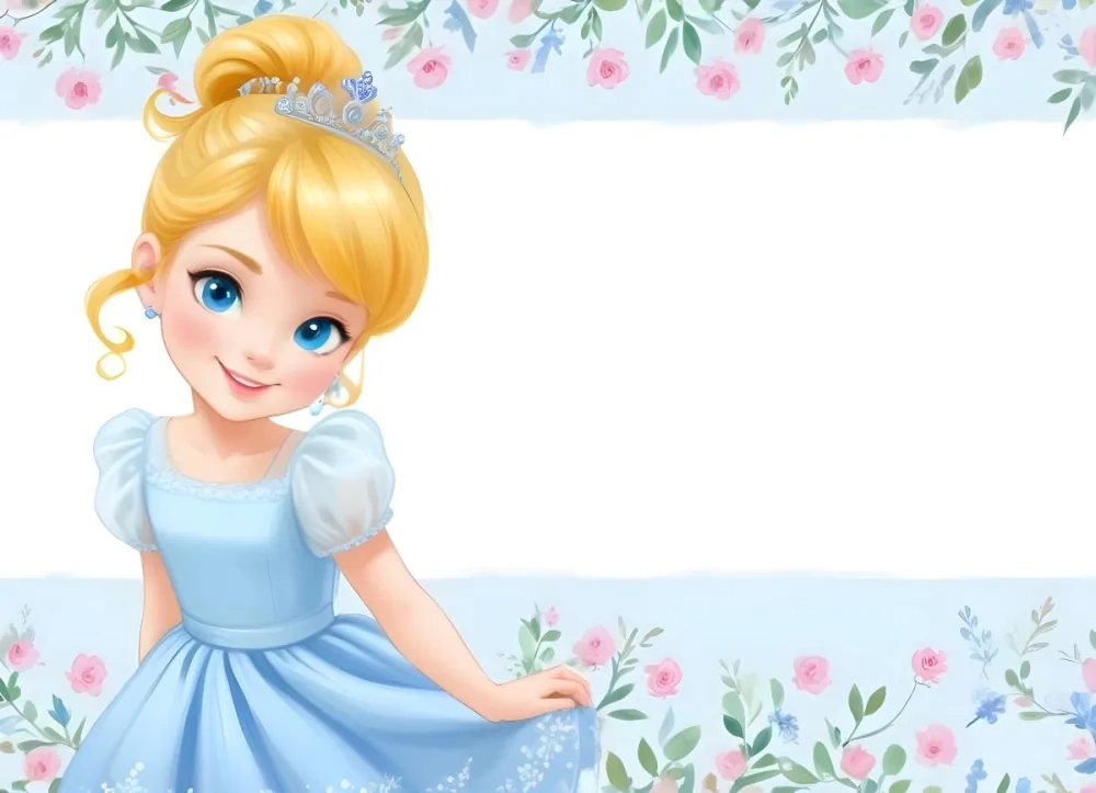 Digital Painting A Young Girl With Fair Skin And Blonde Hair Styled In A Bun Wearing A Light Blue Dress And A Tiara She Has Large Blue Eyes And Is Smiling Positioned To The Left Of A White Space Framed With A Flora 19 C84f