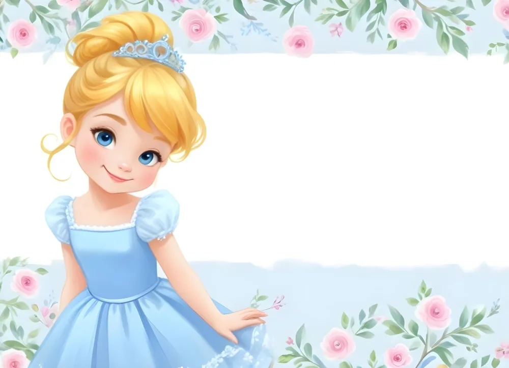 Digital Painting A Young Girl With Fair Skin And Blonde Hair Styled In A Bun Wearing A Light Blue Dress And A Tiara She Has Large Blue Eyes And Is Smiling Positioned To The Left Of A White Space Framed With A Flora 20 9e6a