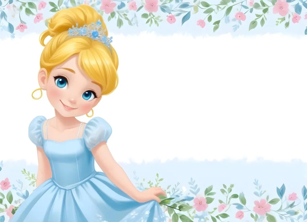 Digital Painting A Young Girl With Fair Skin And Blonde Hair Styled In A Bun Wearing A Light Blue Dress And A Tiara She Has Large Blue Eyes And Is Smiling Positioned To The Left Of A White Space Framed With A Flora 3 Ef82