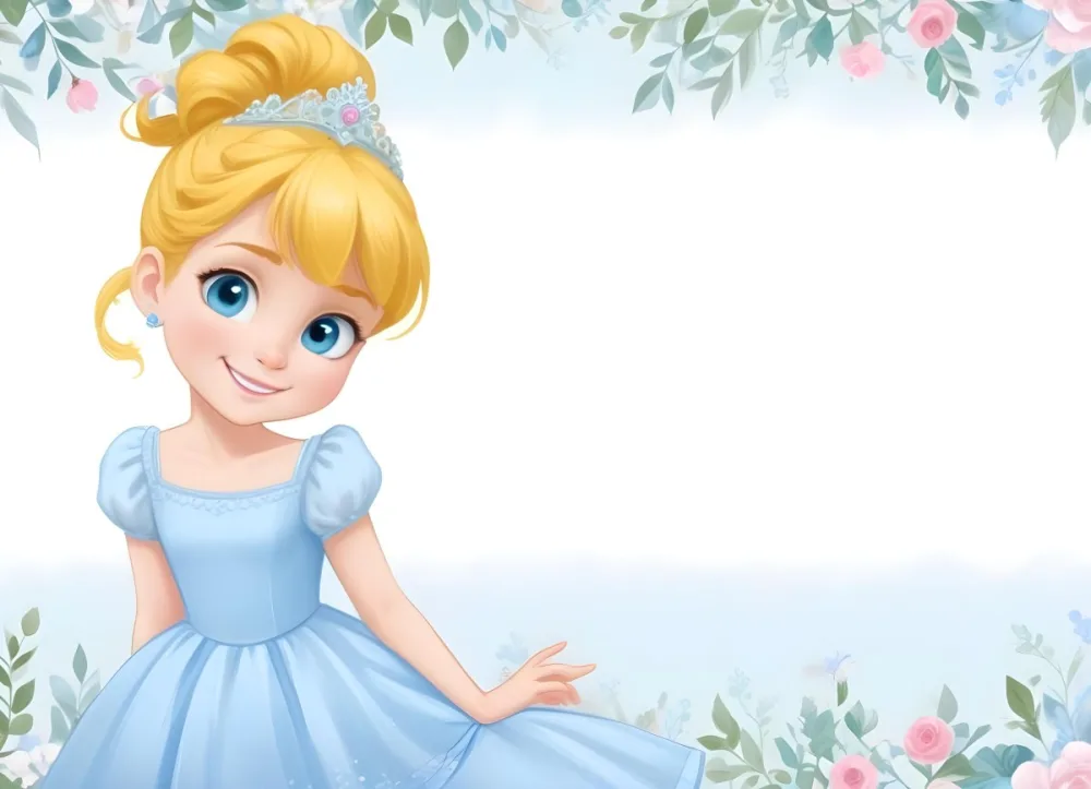 Digital Painting A Young Girl With Fair Skin And Blonde Hair Styled In A Bun Wearing A Light Blue Dress And A Tiara She Has Large Blue Eyes And Is Smiling Positioned To The Left Of A White Space Framed With A Flora 4 3e3c